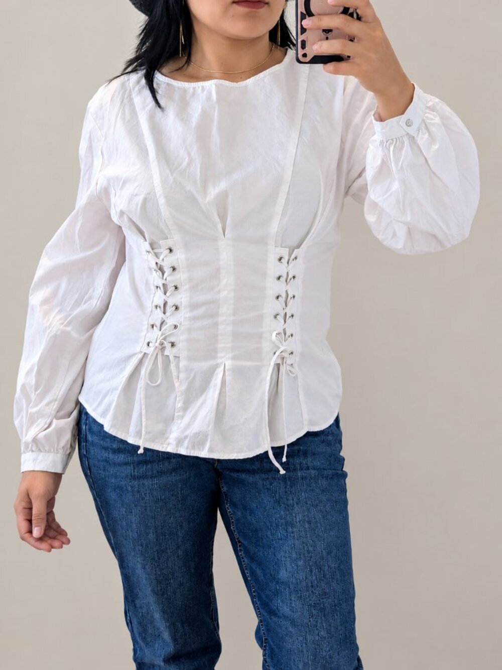 Guest Editor White Lace-Up Puff Sleeve Blouse Size M